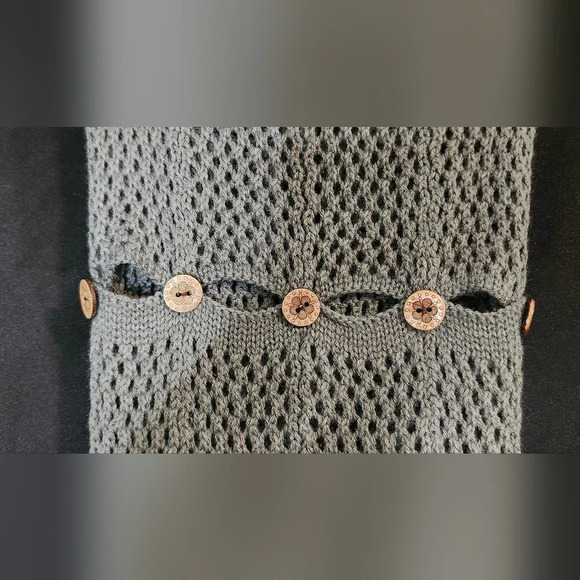 Dark Gray Knit Infinity Scarf Brown Buttons Open Weave Winter Warm Minimalist - Picture 4 of 4